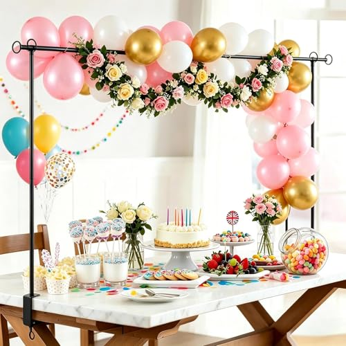 DSxiaozhi Over The Table Rod Stand with Clamps Adjustable 42-123cm Tall 80-250cm Length Black Retractable Table Arch Banner Stand Hanging for Wedding Birthday Party Decorations