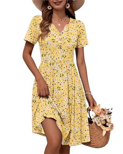 Image of WNEEDU Women V Neck Button Down Empire Waist Midi Summer Dress with Pockets