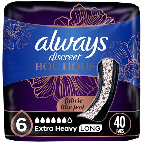 Image of Always Discreet Boutique Incontinence Pads, for Bladder Leaks, Extra Heavy Absorbency, Long Length, 40 Count (2 Packs of 20)