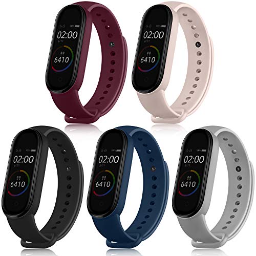 5 Pack Sport Bands for Mi Band 4 Bands & Mi Band 3 Bands, Soft Silicone Replacement Straps for Xiaomi Mi Band 4 & 3 Fitness Tracker (Black+Navy Blue+Gray+Wine Red+Pink Sand)