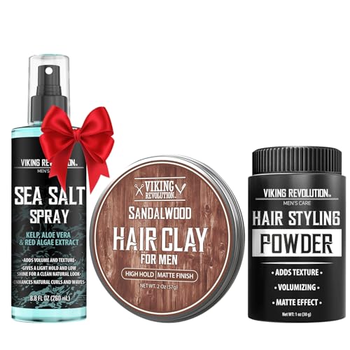 Viking Revolution Sea Salt Spray for Hair Men (8fl oz), Matte Sandalwood Hair Clay (2 oz) and Hair Styling Powder for Men (1oz) - Men Hair Styling Kit - The Ultimate Trio for Texture, Volume, and Hold