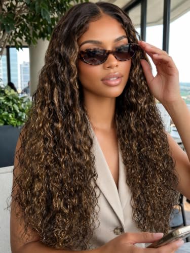 Image of KLAIYI Bye Bye Slip Golden Blonde Balayage Highlights Water Wave Glueless Precut 7x5 Lace Front Wigs Human Hair Drawstring Ombre Brown Curly Pre Plucked Bleached Knots Ready to Wear and Go Wig 26Inch