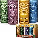 mikamax - Tiki Becher – Tiki Mugs - 4er Set - Keramik - Cocktailbecher - Cocktailgläser - Tiki Bar Zubehör - Partydekoration –14cm x 6,5 Ø - Tiki Cocktail Party