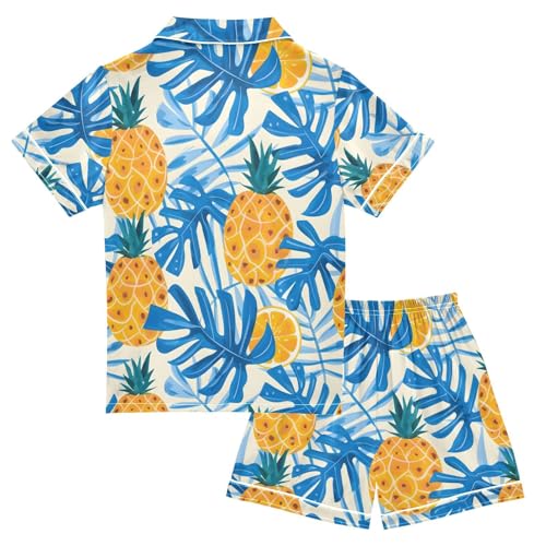 ALAZA Blue Palm Leaf Pineapple Pajamas Satin Pajama Set Short Sleeve Button Down Sleepwear2