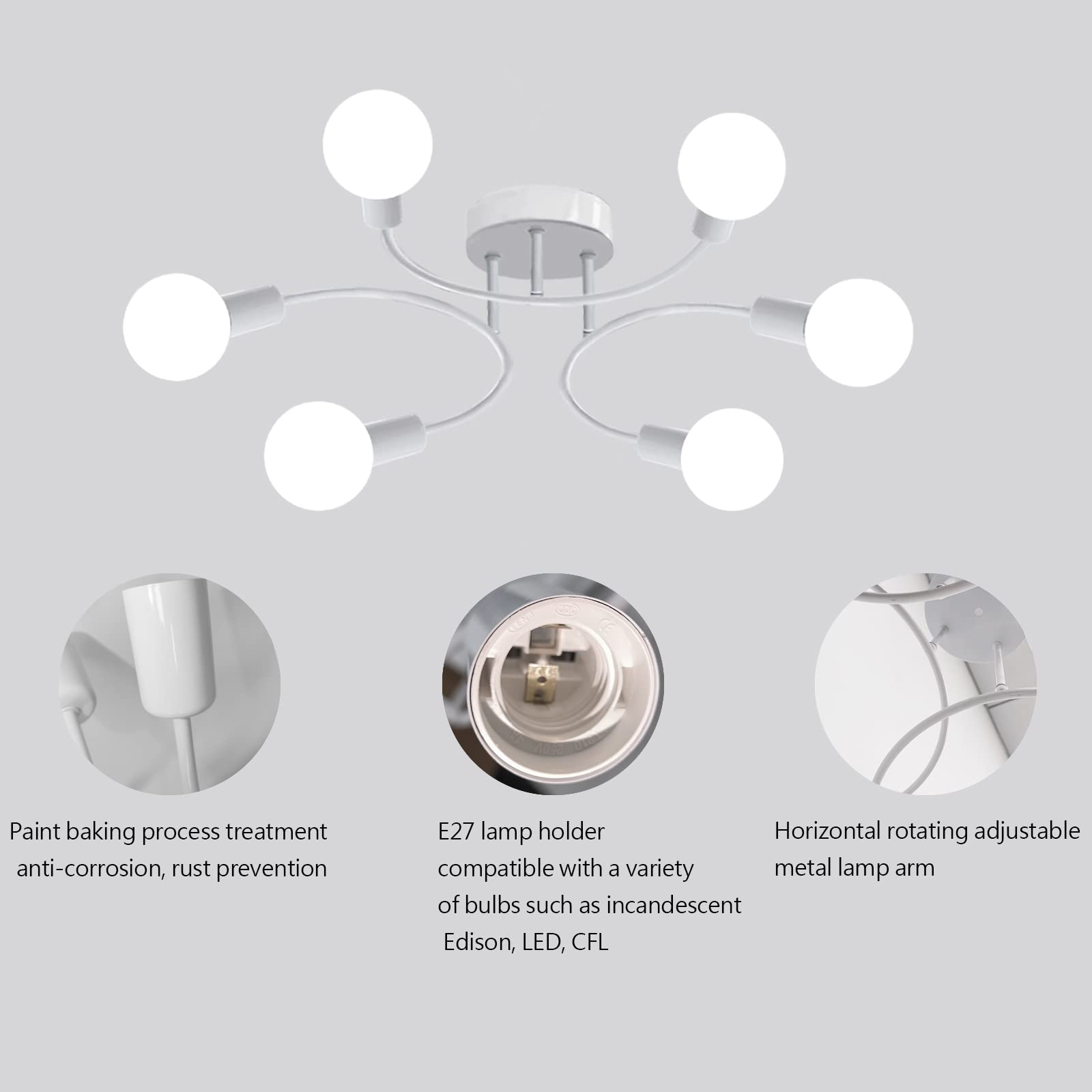 Lampadario Soggiorno Industriale,6 Luci Plafoniera Soffitto Vintage E27,Lampada da Soffitto Bianco, Plafoniera Sputnik per Camera da Letto, Soggiorno, Cucina.Diametro 70CM(Senza Lampadina)