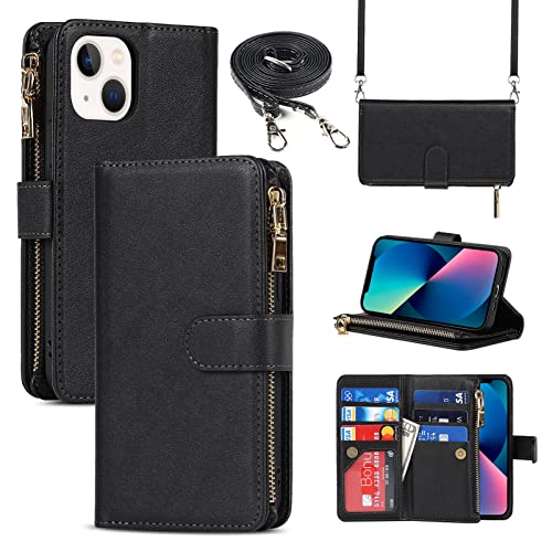 Jaorty iPhone 13/14 Phone Case Wallet for Women Men with Card Holder, iPhone 13 Crossbody Case with Strap Shoulder Lanyard, Zipper Pocket PU Leather Cases Purse for iPhone 13,6.1 Inch Black