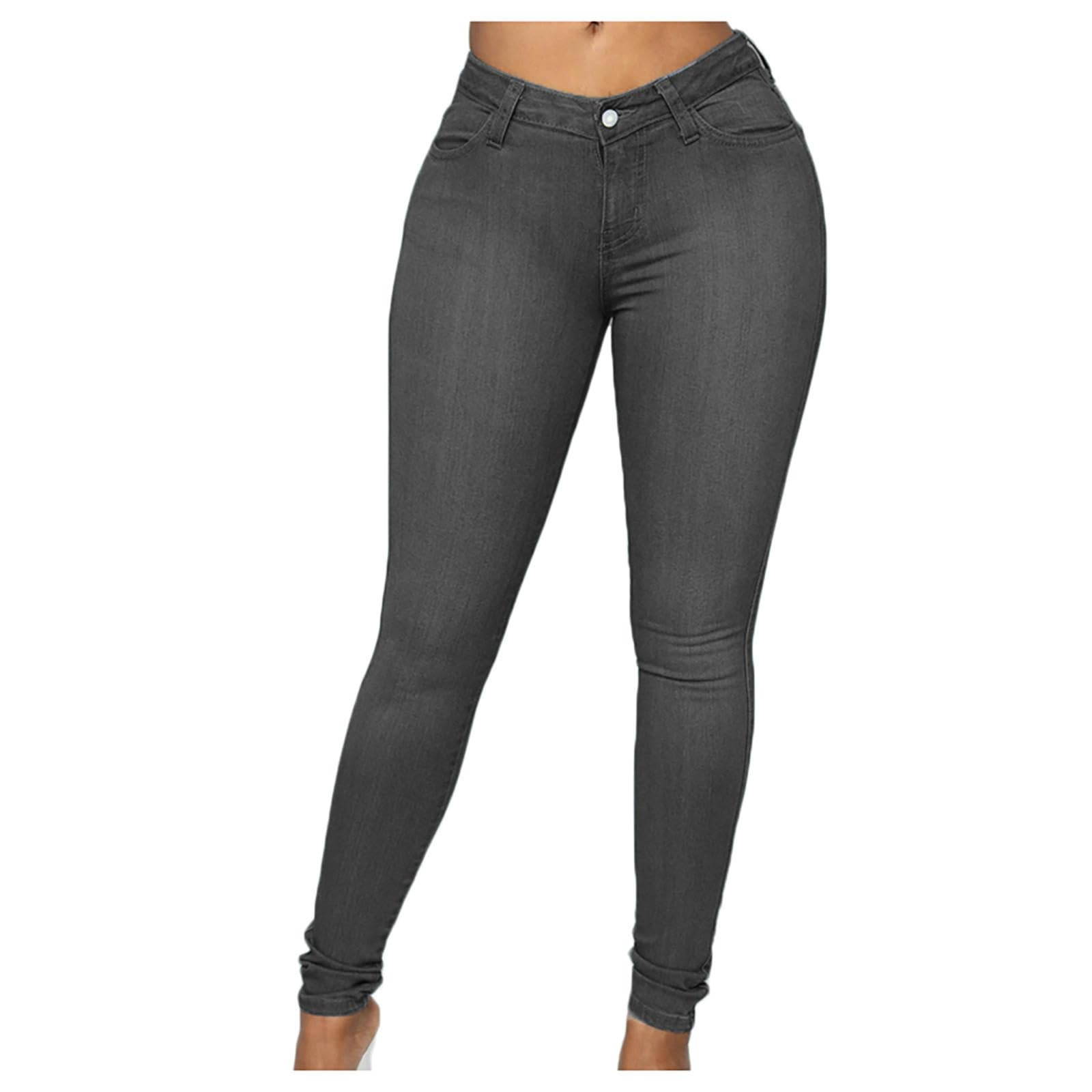 Damskie dżinsy z wysokim stanem - Denim Push-up z zamkiem błyskawicznym Push-Up, ciemnoszary-m