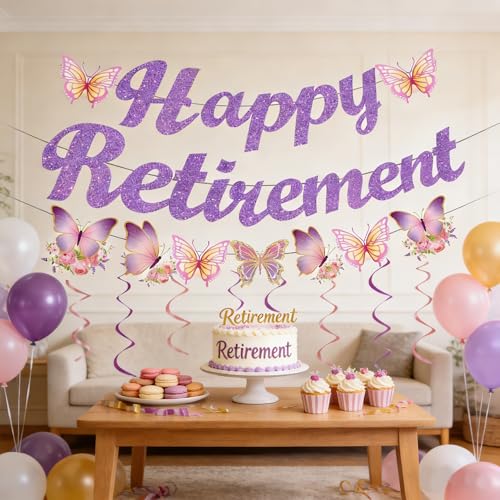 Image of Purple Butterfly Retirement Party Decorations for Women,Glitter Happy Retirement Banner with Butterfly Hanging Swirls,Retired Party Decor Supplies