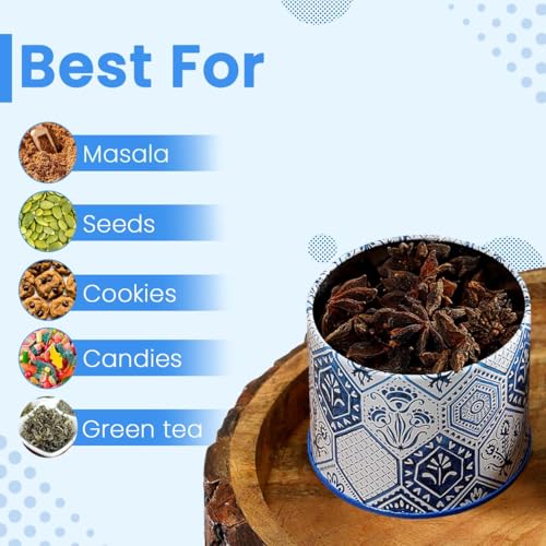 Image of Maroc Collection Airtight Kitchen Container Set| 450ML- Set of 4| Food Grade Metal Jars for Spices, Seeds, Green Tea & Dry Storage| Vacuum Lid, Rust Resistant, Stylish Moroccan Blue Canisters