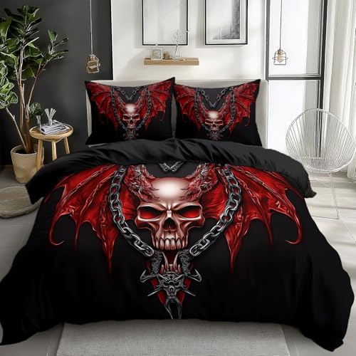 Duvet Cover Twin Size Skull Dragon Wings Iron Chain Bedding Duvet Cover Set Room Decor Bedspread Cover Comforter Cover for Kids Teens, Quilt Cover 3D Bedding Set