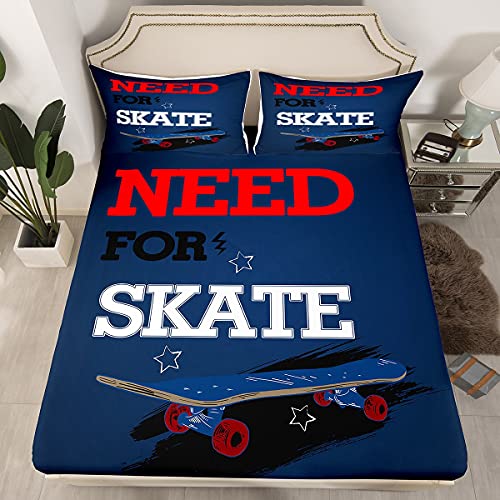 Juego de sábanas para patineta, ropa de cama deportiva extrema, para niños, niñas, jóvenes, color azul, ropa de cama, sábana bajera de moda moderna, 2 piezas, ropa de cama individual