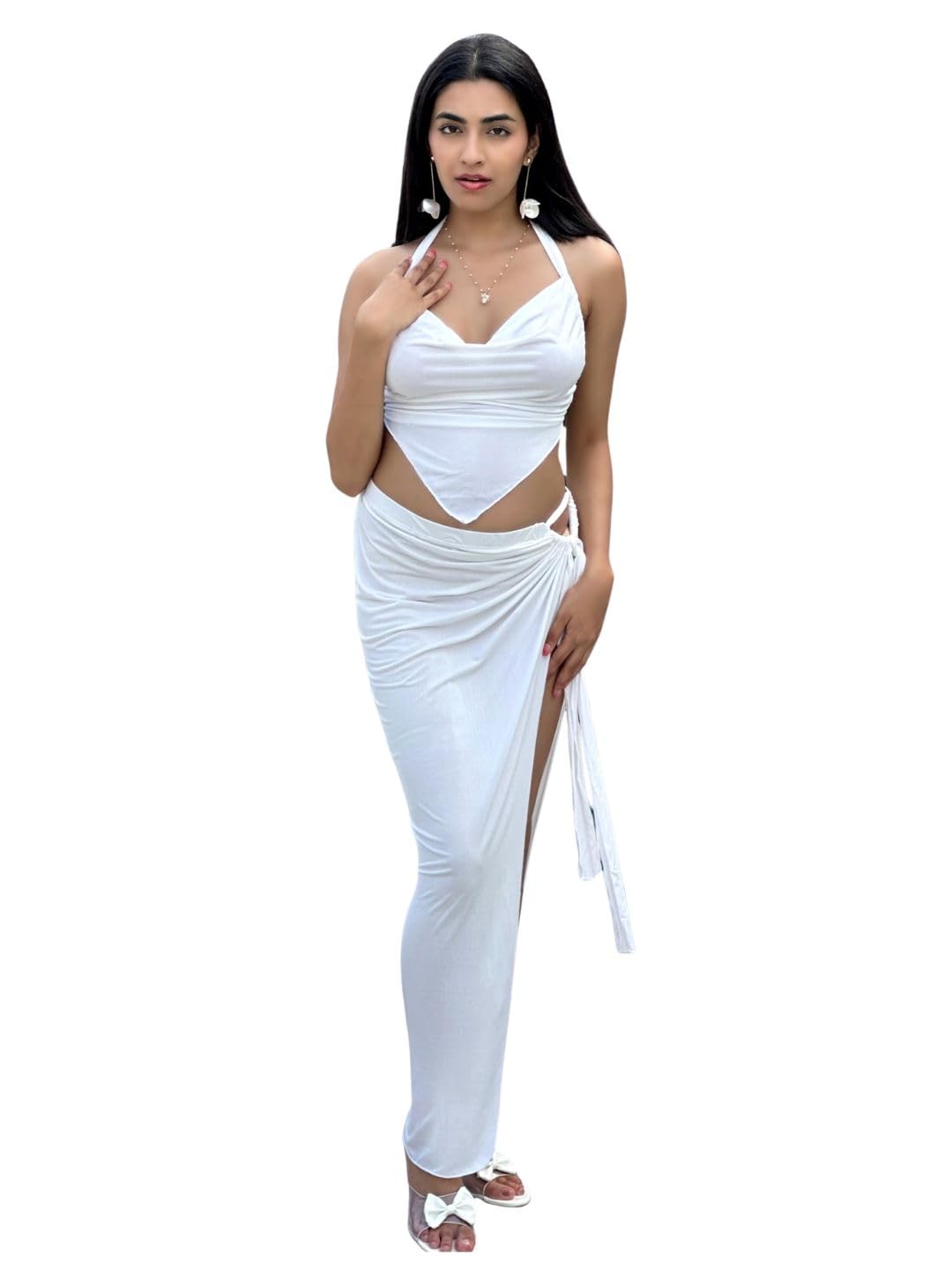 tandul Women's Solid White Nylon Co-ord Set Regular No Sleeves Co-ord Set for Womens Soft & Breathable & Comfortable Outfits for Office, Casual, Festive & Party (11559)-picture-30
