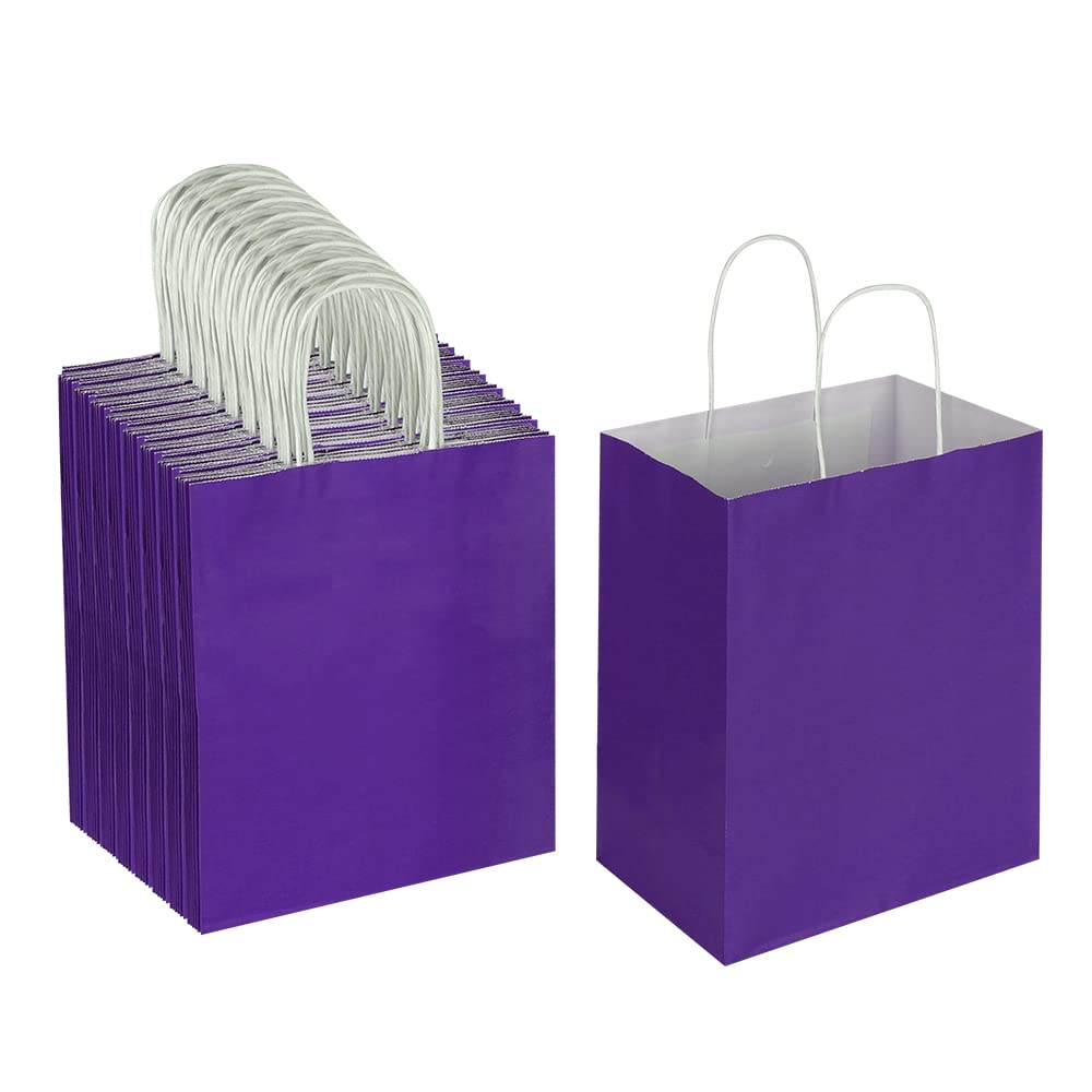 Oikss 100 Pack 8x4.75x10 Inch Medium Purple Kraft Paper Bags with Handles Bulk for Birthday Wedding Party Favors Grocery Retail Shopping Business