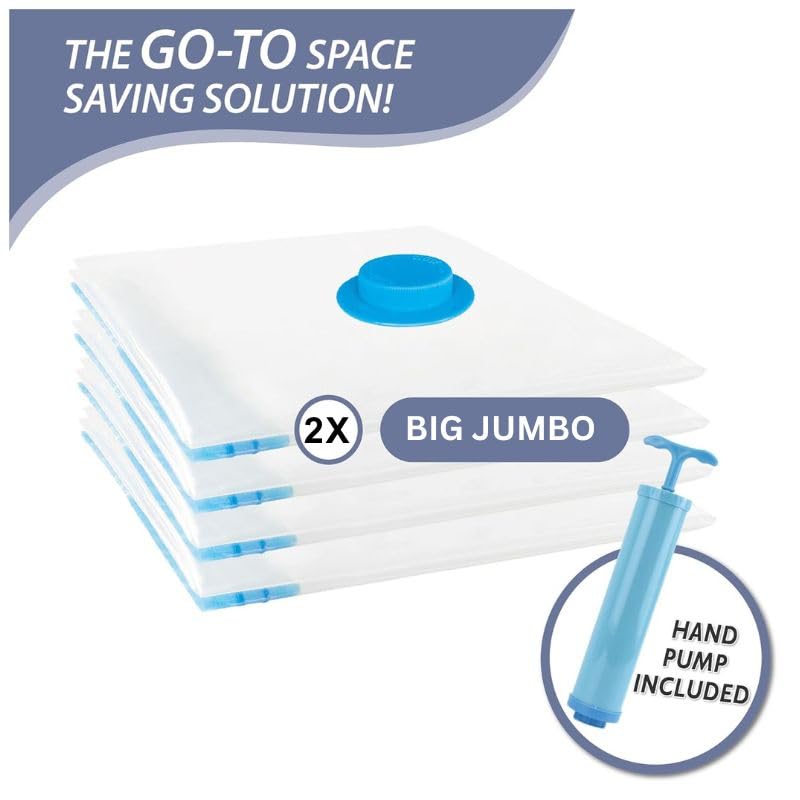 Image of 2 Big Jumbo Vacuum Bags for Travel, Space Saver Bags Compression Storage Bags,Storage Vacuum Sealer Bags for Clothes Storage, Vaccine Packing Bag Size (2 BIG JUMBO (80x120cm) - WITH HANDPUMP)