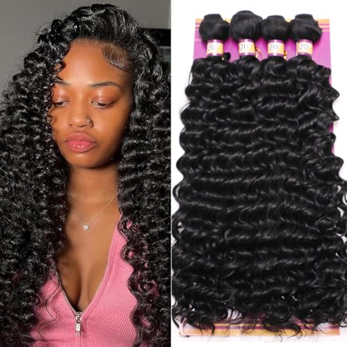 ZHENLISI Deep Wave Bundles Synthetic Hair Quick Weave Bundle Curly High Temperature Fiber Hair Extensions for Women Black Color 20 Inches 4Pieces (Color 1B#)