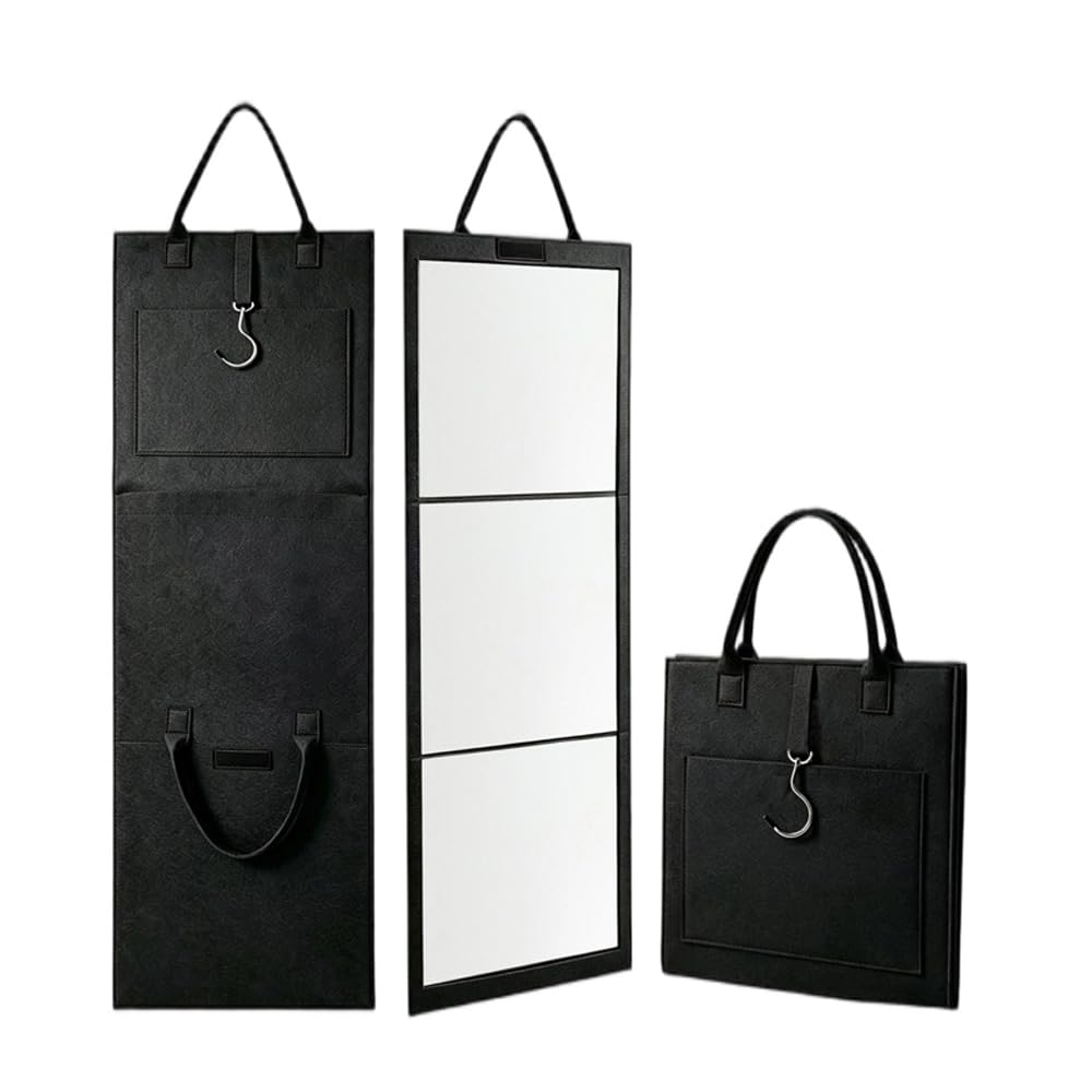 Glyntheum Foldable Full Length Mirror, Three‑Fold Portable Shatterproof Body Mirror with Handle, Hanging Wall Mirror for Travel Backstage Dance Camping Bedroom, Space‑Saving, black