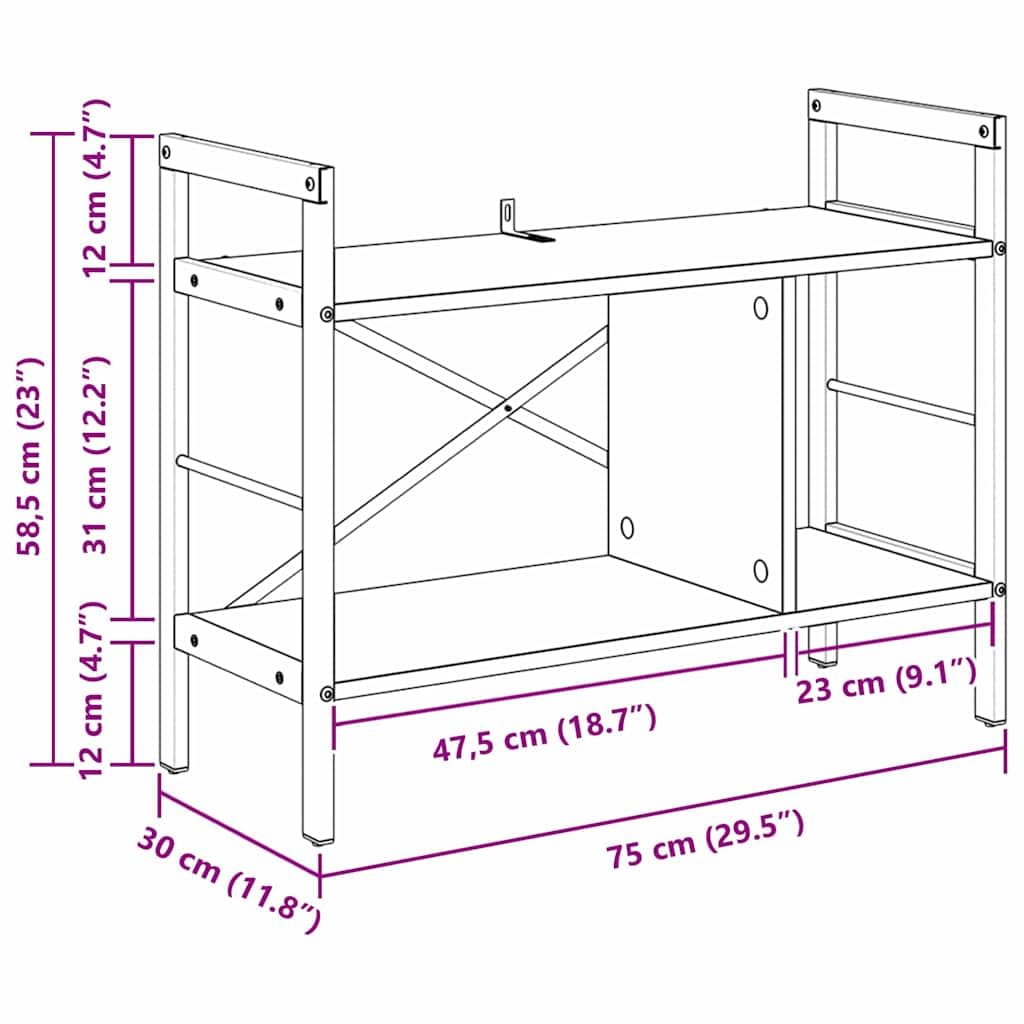 Bücherregal Artisan-Eiche Holzwerkstoff 75 x 30 x 58,5 cm mit 3 Fächern freistehend, Robustes Regalsystem für Wohnzimmer Büro Arbeitszimmer, platzsparend