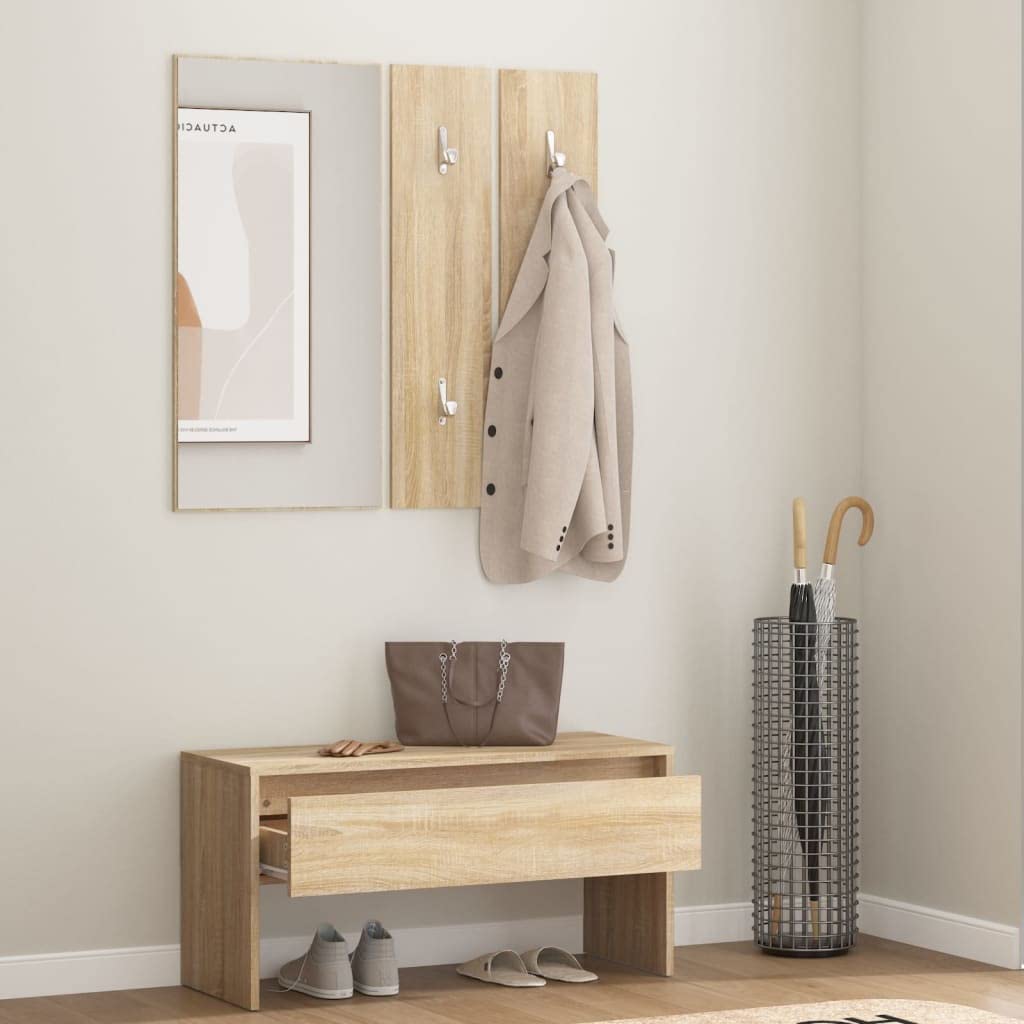 Zestaw garderoby Sonoma dąb drewnopochodny, ławka do korytarza, z szufladą, lustrem i hakiem garderoby, 80 x 30,5 x 40 cm, oszczędzający miejsce system przechowywania