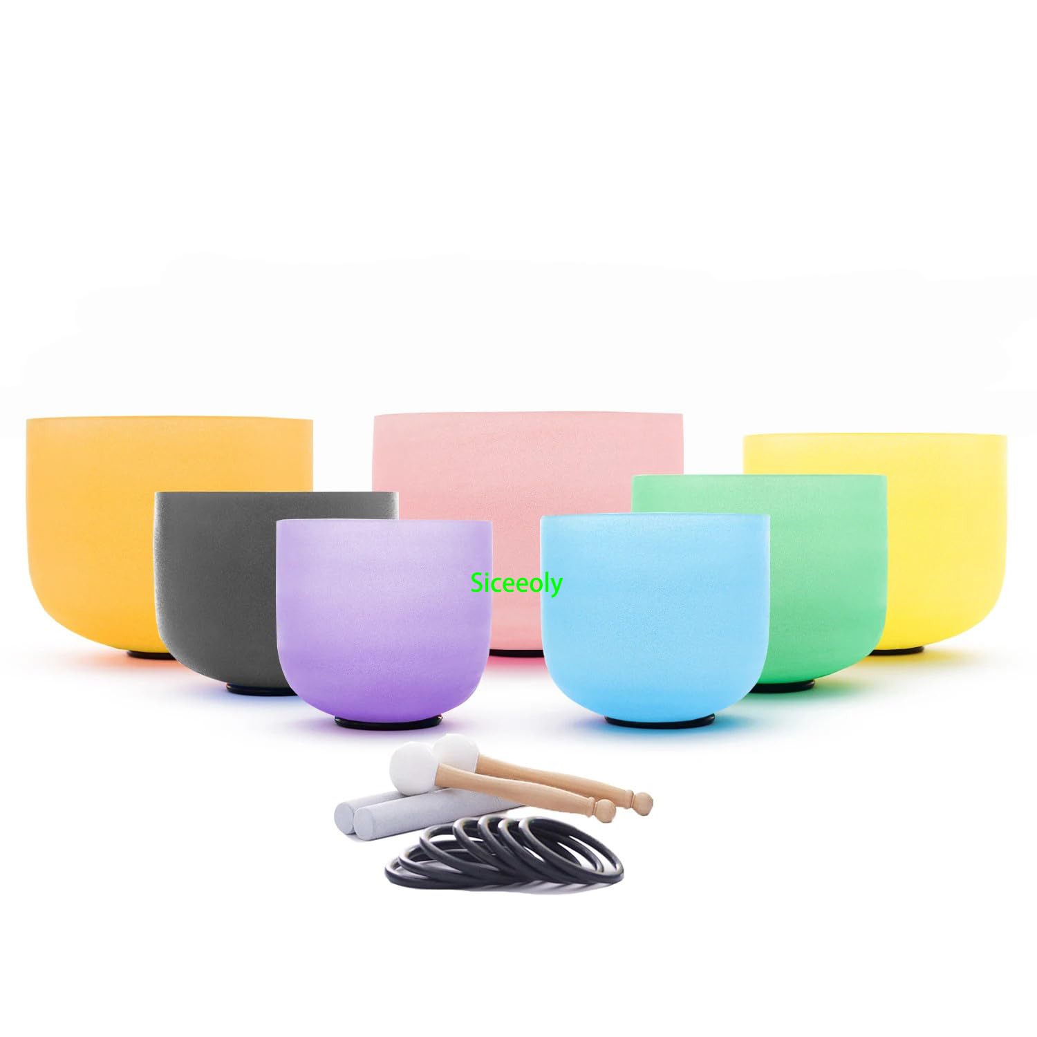 Siceeoly 7-12 inch 432HZ Candy Color Crystal Singing Bowls Chakra Set of 7 Meditation Bowl Frosted Healing Quartz Sound Singing Bowls with 2 Travel Carry Case Bag 2 Mallet Suede 2 Strikers 7 O-rings