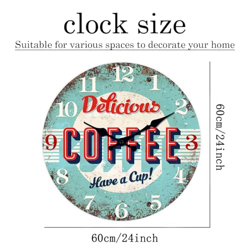 Image of XFM Large Coffee Bar Wall Clock 24 Inch Blue Wooden | Battery Operated Silent Non-Ticking Retro Round Clocks for Living Room Kitchen Cafes Farmhouse