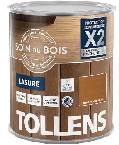 Tollens - Lasure - Ultra Résistante - Adhérence Renforcée - Protège et Décore - Protection Anti-UV - Technologie LONG-LIFE - Satin - Chêne Moyen - 1 L