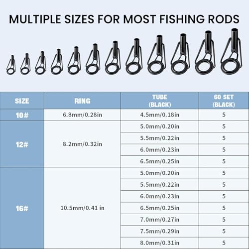 Image of 9KM DWLIFE Fishing Rod Tip Repair Kit, Black Stainless Steel, Wear Resistant Ceramic Ring, Guide Replacement 25 /35 /45 /60 /65pcs