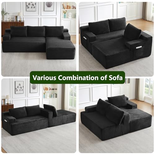 Image of 96 inch Modular Sectional Sofa, Modern Corduroy Cloud Couch with Side Pockets, Boneless Couch Upholstered 3-Seater L-Shaped Sofa for Living Room, No Assembly Required (Black, Right-Facing Chaise)