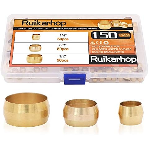 Ruikarhop 150PCS Tube OD（1/4" 3/8" 1/2") Brass Compression Sleeves Ferrules,Brass Compression Fitting Assortment Kit Cover