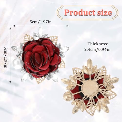 Image of Oruola 2pcs Handmade Satin Fabric Flower, Elegant Red and Pink Rose Brooches and Pins for Women Crystal Pearl Pins Boutonniere for Clothes Fashion Accessories