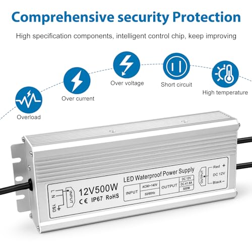 Image of 12V 500W LED Power Supply, IP67 Waterproof LED Driver, Low Voltage Transformer, AC 90-140V to DC 12V 41.6A Converter for Outdoor Landscape Lighting and LED Strip Lights, 3-Prong Plug with 3.3FT Cable