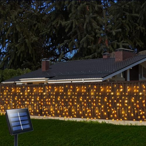 Solar Outdoor Curtain Lights for Fence 19.6ft(L)x2.6ft(H) 300LEDs Solar Fence String Lights Extra Long 8 Modes Waterproof Solar String Lights Decoration for Fence Backyard Porch Tree (Warm White)