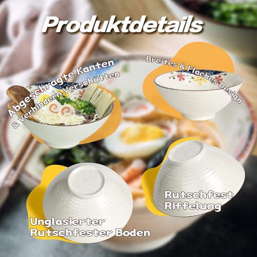 Ramen Schüssel Set 2 x 1200ml Keramik Ramen Bowl mit Essstäbchen und Löffeln,Japanisches Stil Porzellan Geschirr Suppenschüssel Groß Salatschüssel Pho Bowl,Mikrowelle & Spülmaschinenfest,Blume