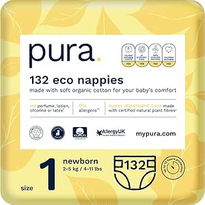 Pura Premium Eco Baby Nappies Size 1 (Newborn 2-5kg / 4-11 lbs) Monthly Pack 6 x 22 per pack, 132 Nappies, New Baby, EU…