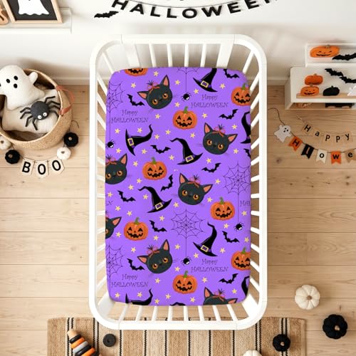 Image of JISEN Halloween Crib Sheet Soft Breathable Cat Pumpkin Fitted Crib Sheets for Standard Crib and Toddler Mattress Baby Bed Sheets for Boys Girls Neutral 52x28 Inch Purple