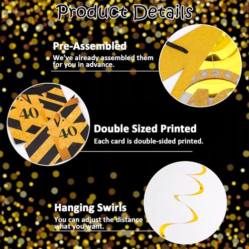 Image of Black & Gold 40th Birthday Decorations for Women and Men - Pre-Strung Happy Birthday Banner With 10PCS Hanging Swirls