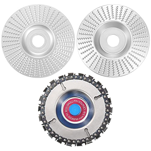 3 Pieces 4Inch Tungsten Carbide Grinding Wheel Disc Set Include Carving Chain Disc and Silver 5/8 Inch Carving Grinding Disc Flat and Bevel Wood Grinding Disc for Woodworking Sanding Shaping Polishing