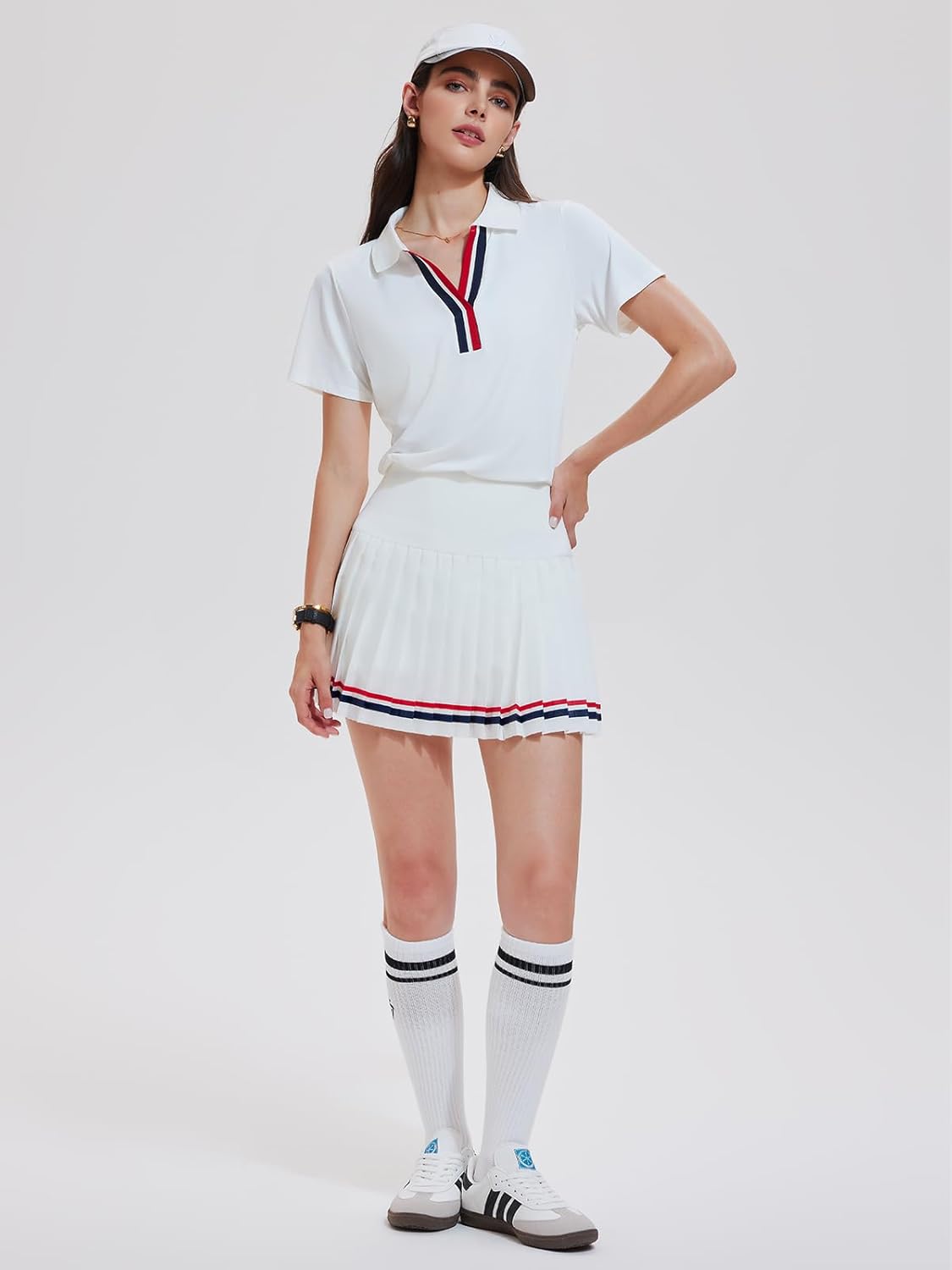 Women 2 Piece Tennis Skirt Set Pleated Golf Outfit, Polo V-Neck Athletic Dress Alternative Skort Set for Pickleball Pockets - Image 4