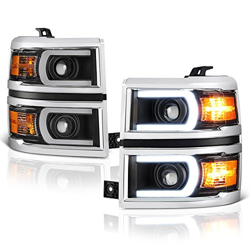 VIPMOTOZ LED Neon Tube Projector Headlight Assembly For 2014-2015 Chevy Silverado 1500 Matte Black Housing Driver and Passenger Side Pair Set