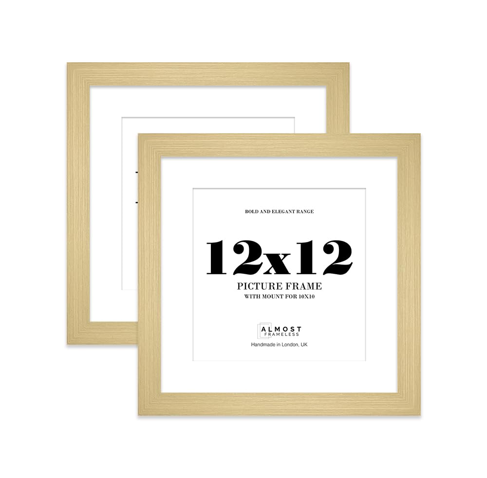 12x12" Gold Square Frame With Mount for 10x10" Pictures 28mm Edge Frame Display with Wall Hooks and Kickstand, 2 Pack