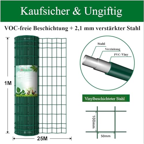 Amagabeli 1M X 25M Gartenzaun Zaun PVC-beschichteter 100 x 50mm 2.1 mm Drahtzaun Maschendraht Wildzaun/Hundezaun Rostfrei Zaunelemente Grünen Maschenweite Drahtgitter Kaninchendraht Forstzaun