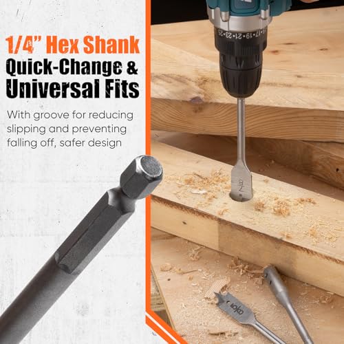 Image of PINOZE 14-Piece Spade Drill Bit Sets with 6 inch Extension, Paddle Flat Bit for Hole Cutter Woodworking, 1 /4 inch to 1-1 /2 inch, Quick Change 1 /4 inch Hex Shank, Nylon Storage Pouch Included