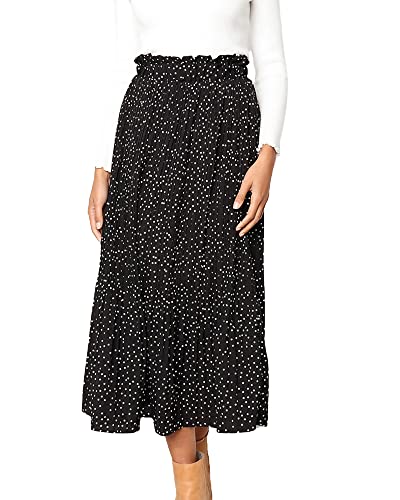 Womens High Waist Polka Dot Pleated Skirt Midi Swing Skirt Pleated Ruffle A Line Long Skirt with Pockets (Black, Medium)