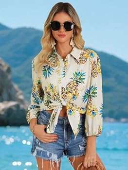ZXZY - Blusa con estampado de piña y cuello de solapa, media manga