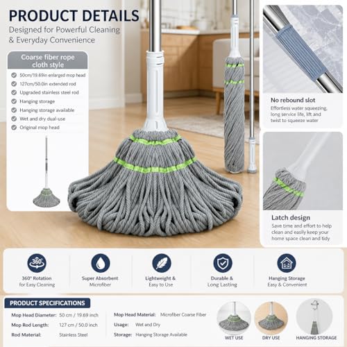 Image of Microfiber Squeeze Twist Mop for Floor Cleaning | 18-Inch Telescopic Extendable Handle | Self-Wringing Cotton Mop Head | Hardwood, Tile, Marble & Granite | Home, Office & Hospital Use | DecorTwist