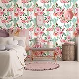 VaryStyle 17.7'x118' Tropical Flamingo Cactus Wallpaper Watercolor Pink/Green Floral Peel and Stick Wallpaper Bright Floral Contact Paper Removable Flamingo Mural Wallpaper for Bedroom Nursery Cabinet