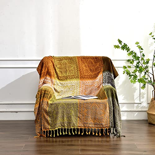 Edcooy Überwürfe für Sofas, große, bunte Chenille-Quasten, gewebte Hippie-Überwurfdecken für Couch, Bett, Sofa, böhmische Fransen, Quasten, Dekoration für Zuhause (grün, groß, 220 x 260 cm)