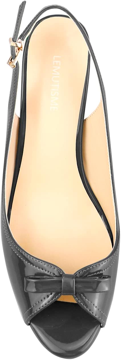 LEMUTISME Women's Stylish Peep Toe Bowknot Adjustable Buckle Backstrap Slingback High Heel Dress Pumps Sexy Patent Leather Platform Stiletto Heel Sandals for Women Party Wedding - Image 7