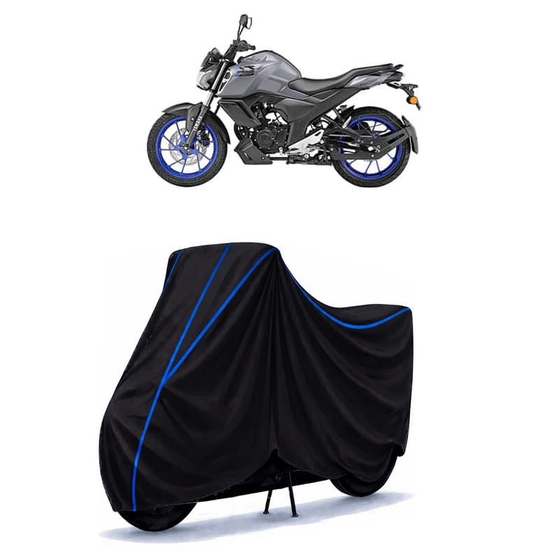Image of FZS-FI BS6 Bike Cover Water Resistant Universal Motorcycle Rain | Heavy Duty UV Protection, Dust, Scratch Indoor Outdoor All Weather with Black Blue Piping Elastic