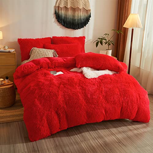 Red Fluffy Comforter Cover Shaggy Plush Set,Ultra Soft Faux Fur Duvet Cover Bedding Sets Queen 3 Pieces With Pillow Cases, Red Fuzzy Bed Set Zipper Closure (Red, Queen) #TOP1