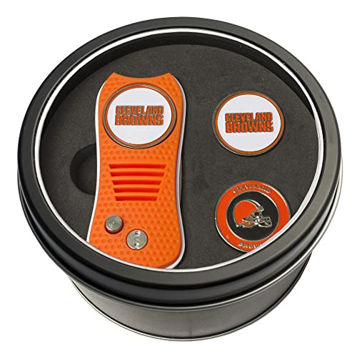 Team Golf NFL Cleveland Browns Tin Gift Set with Retractable Divot Tool and 2 Ball Markers Gift Set with 3 Magnetic Ball Markers, Patented Single Prong Design, Causes Less Damage to Greens